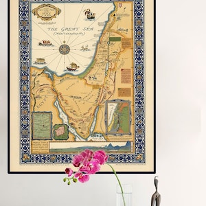 1930 Heiliges Land Illustrierte Karte | Vintage christliche Wohnkultur | Historische Palästina & Israel Landkarte
