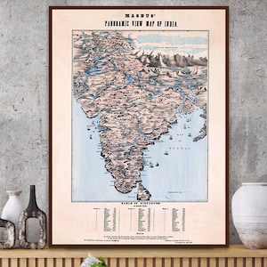 Art de carte antique de l'Inde, carte panoramique de l'Inde de Magnus, cadeau de décoration illustrée de l'Inde.