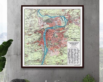 Vintage map of Prague, old Prague print, Prague wall art, Prague city gift, Czechia decor.