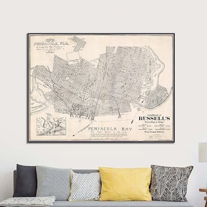 Een uitgebreide kaart van Pensacola, Florida: een gids voor de toerist met alle bezienswaardigheden, Florida kaarten decor art print.