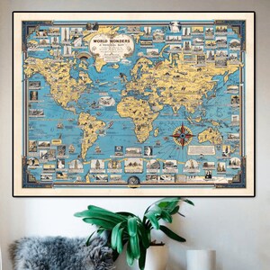 Grande carte du monde murale, décoration de chambre d'enfant, merveilles du monde, merveilles du monde ancien et moderne, carte du monde sur le thème de la chambre d'enfant, principaux monuments.