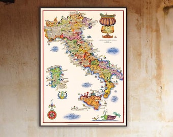 Carta dei vini italiani, mappa pittorica dell'Italia, della Sardegna e della Sicilia, che celebra i tanti vini regionali.