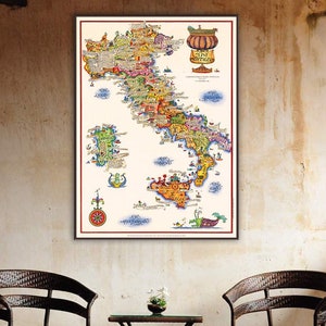 Carte des vins italiens, carte illustrée des vins d'Italie, de la Sardaigne et de la Sicile, célébrant les nombreux vins régionaux.