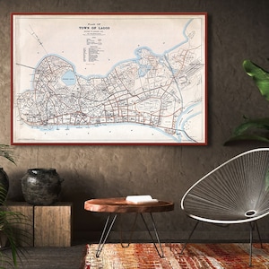 Vintage map of Lagos, large Lagos Nigeria gift print decor.