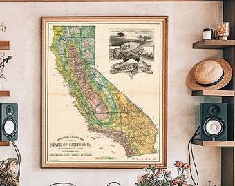 California map art, California viticulture map, California wall art, California map gift, California wine.