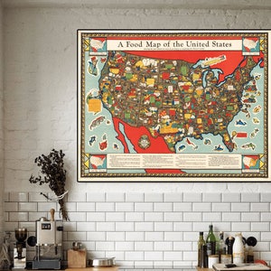 Une carte gastronomique des États-Unis, une carte de la gastronomie des États-Unis vintage, un cadeau déco gastronomique.