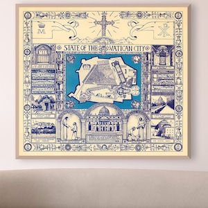Arte cartográfica do estado da Cidade do Vaticano, vista pictórica do Vaticano, cercada por vinhetas com temas religiosos, presentes católicos.