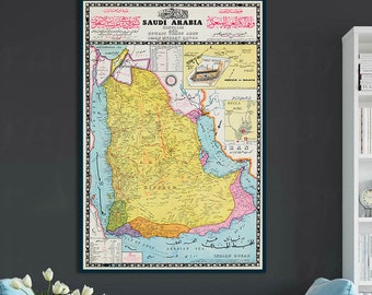 Saudi Arabia Kingdom map, old map of Saudi Arabia and Kuwait, Yemen, Aden, Oman, Muscat, Qatar, Mecca map, drawings of the Great Mosque.