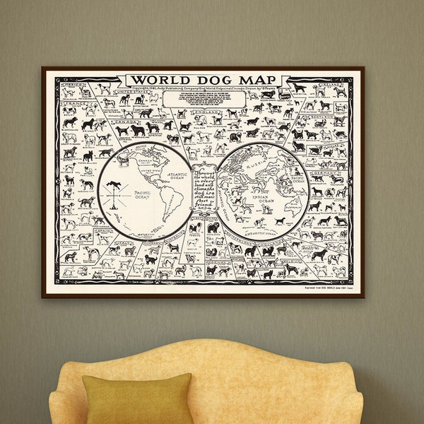 Vintage dogs wall art, dogs poster map, breeds of dogs, dog breeds print, dog breeds map,dogs map art, dog lover gift, dog owner.