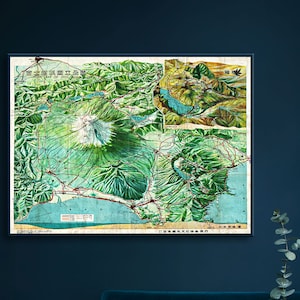 Vintage Karte des Fujisan, zweisprachige japanische und englische Panorama-Karte von Mt. Fuji, Region Hakone, Japan.