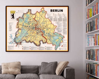 Vintage Berlin wall art - a cold war map showing the Berlin Wall, historic divided Berlin map gift.