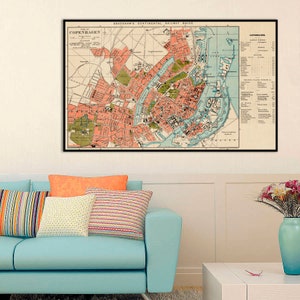 Vintage Karte von Kopenhagen, alte Kopenhagen Dänemark Karte, Wandkarte Kopenhagen, Stadtplan Kopenhagen, dänische Geschenke.