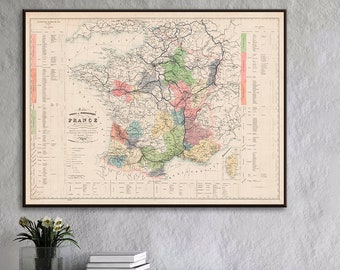 Antique French Wines Map, France wines, viticulture, wine growing map, vineyards of France, French wine wall art, wine gifts, French gifts.