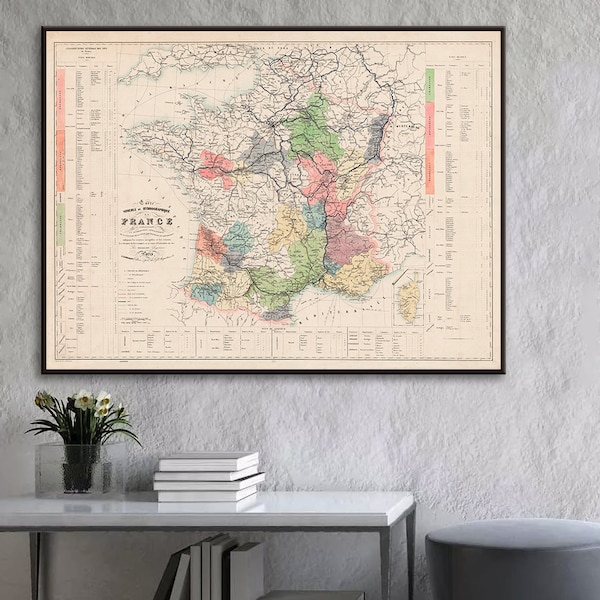 Antique French Wines Map, France wines, viticulture, wine growing map, vineyards of France, French wine wall art, wine gifts, French gifts.