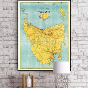 Vintage kaart van Tasmanië, oude kaart van Tasmanië, kunst aan de muur Tasmanië, Tasmaanse decor, Tasmaanse geschenken, Tasmaanse kunst.