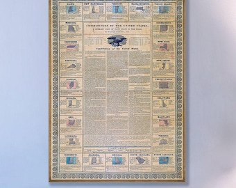 1834 US Constitution Print: Historical Map & State Summaries