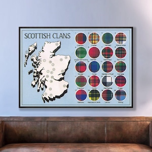 Vintage map of Scottish Clan Tartans, Scottish Family Tartan map, Scottish Clans map, Scotland Clan, Scotland decor gift.