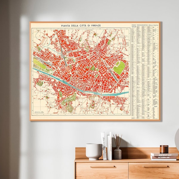 Florence Italy map print, vintage Florence art print, Firenze Italia, large Florence poster map.