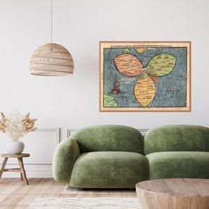 1585 Carte en trèfle des bruants, également connue sous le nom de Le monde dans un trèfle, mappa mundi médiévale, Jérusalem au centre du monde.