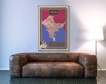 Impresión artística de un mapa pictórico vintage de la India: decoración india para el hogar
