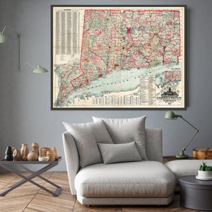 Vintage map of Connecticut, large Connecticut print ,historic  Connecticut wall art, Connecticut art print,  Connecticut gifts.