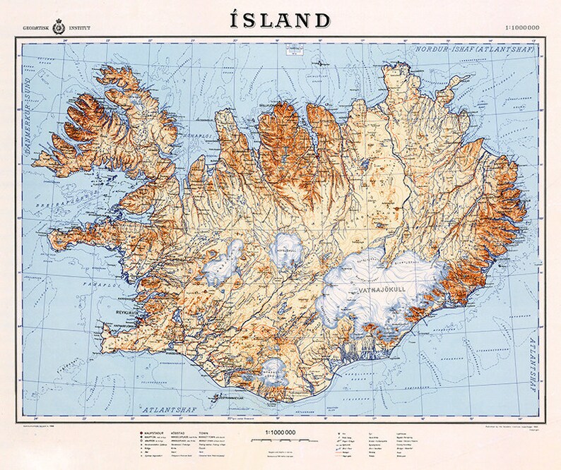 Vintage map of Iceland large Iceland wall map Iceland print | Etsy