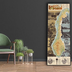 Gran mapa de pared de Noruega, guía vintage alta de Noruega con mapa de viaje detallado y rutas escénicas de la belleza natural de Noruega, arte de Noruega.
