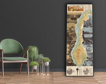 Vintage Guide to Norway, in Norwegian and English, old map includes illustrations and geographic data with diagrams, Norway wall art gift.