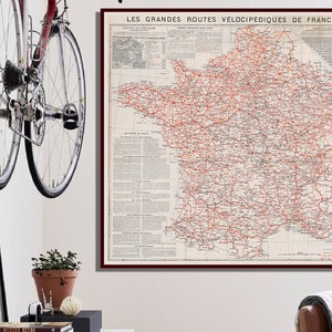 Vintage fietskaart van Frankrijk, kaartkunst Frankrijk, fietsposterkaart, fietsmuurkaart, fietsposter, fietscadeaus, oude kaart van Frankrijk.