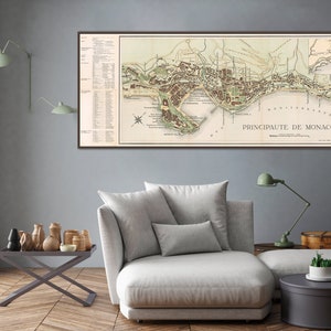 Vintage map of Monaco, old Monaco print, large Mobano decor gift, Principauté de Monaco.