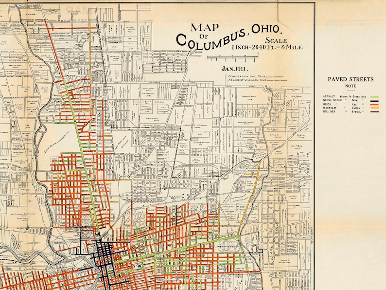 Vintage Street Map of Columbus Ohio Highlighting Which Etsy