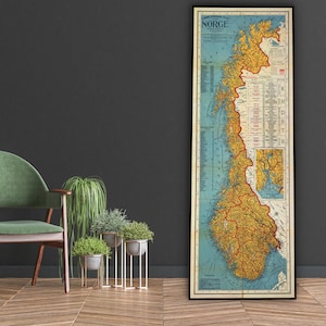 Vintage kaart van Noorwegen, oude print van Noorwegen, grote muurkaart van Noorwegen, Noorse muurkunst, Kristiania Fjord, Noorse cadeaus.