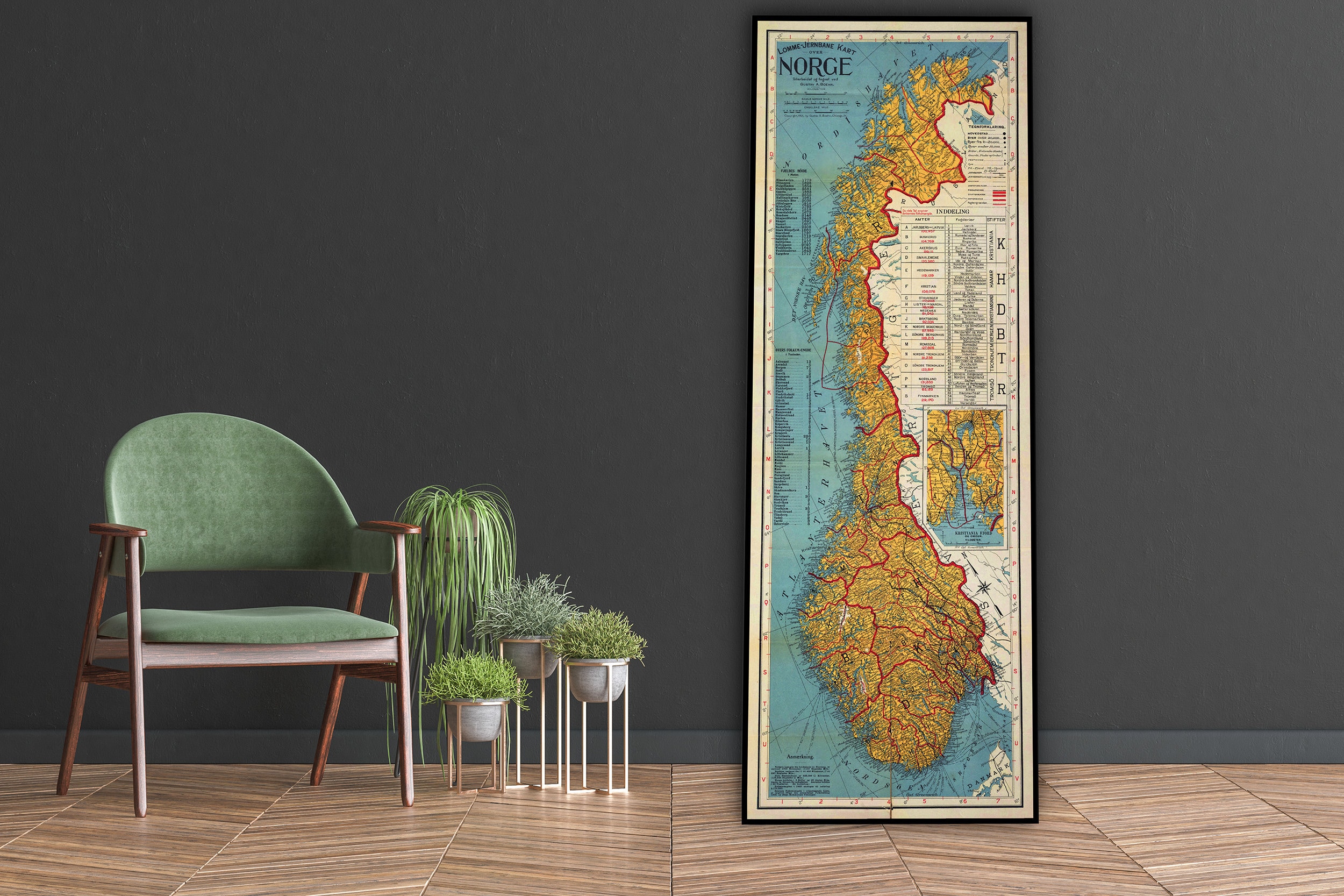 Vintage map of Norway, old Norway print, large Norway wall map, Norway wall art, Kristiania Fjord, Norwegian gifts.