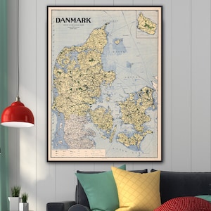 Vintage Landkarte von Dänemark, alte Dänemark Karte, Dänemark Print, Dänemark Wandkarte, Dänemark Poster Karte, Dänemark Karte, dänische Geschenkkarte, dänische Geschenkkarte.