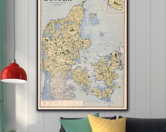 Vintage map of Denmark, old Denmark map, Denmark print, Denmark wall map, Denmark poster map, Denmark map canvas, Danish map, Danish gifts.