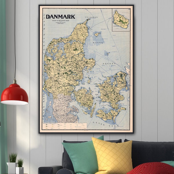 Vintage-Karte von Dänemark, alte Dänemark-Karte, Dänemark-Druck, Dänemark-Wandkarte, Dänemark-Posterkarte, Dänemark-Karte auf Leinwand, dänische Karte, dänische Geschenke.