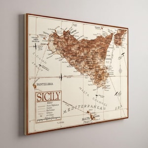 Canvas Gallery Wrap - Vintage military or historical map of Sicily (Italia) from 1943. The map displays detailed geography, likely with markings related to World War II operations, such as troop movements, landings, or key terrain features of the island.