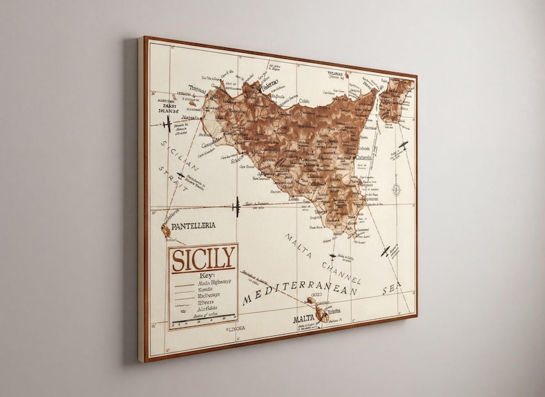 Canvas Gallery Wrap - Vintage military or historical map of Sicily (Italia) from 1943. The map displays detailed geography, likely with markings related to World War II operations, such as troop movements, landings, or key terrain features of the island.
