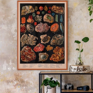 Vielfalt der Mineralien Posterdruck, lehrreiche Geologie Kunst, visuelle Anleitung zur großen Auswahl an Farben, Formen und Texturen, die in Mineralien zu finden sind.