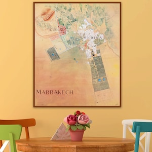 Carte de Marrakech, ancienne carte de Marrakech, art mural de Marrakech, affiche de carte de Marrakech, cadeaux du Maroc, impression d'art du Maroc, cartes du Maroc. Maroc.