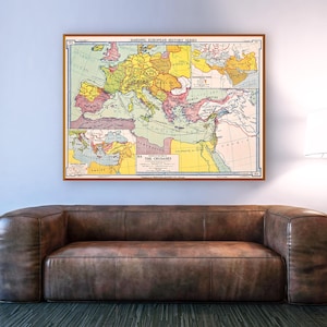 Denoyer-Geppert, l'Europa al tempo delle Crociate, mappa scolastica religiosa storica d'epoca, arte murale educativa sul cristianesimo.