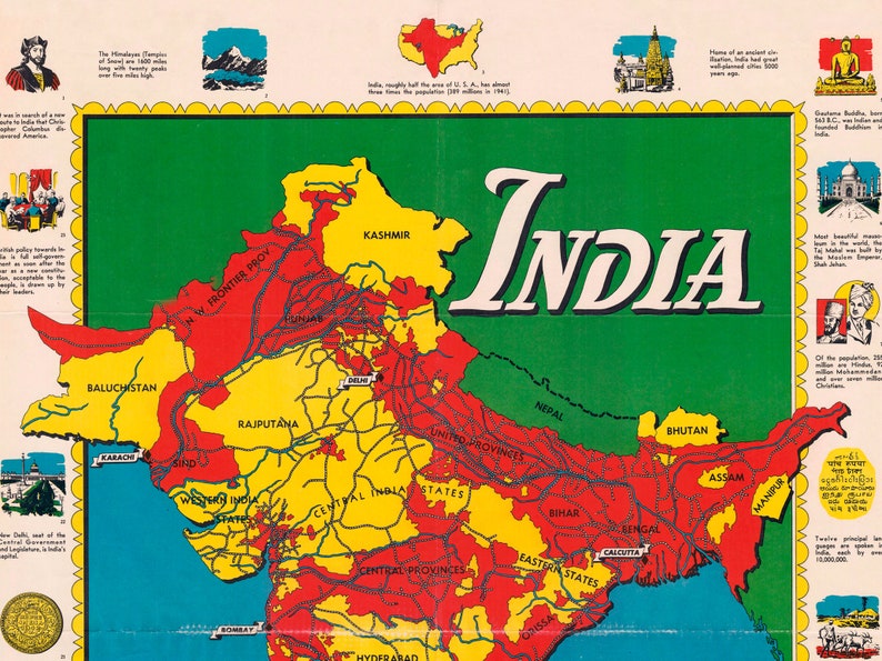 Vintage India Map the Country and Its People Pictorial Map - Etsy