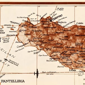 Vintage military or historical map of Sicily (Italia) from 1943. The map displays detailed geography, likely with markings related to World War II operations, such as troop movements, landings, or key terrain features of the island.