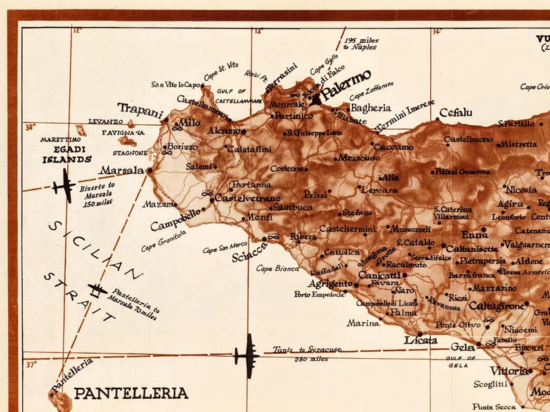 Vintage military or historical map of Sicily (Italia) from 1943. The map displays detailed geography, likely with markings related to World War II operations, such as troop movements, landings, or key terrain features of the island.