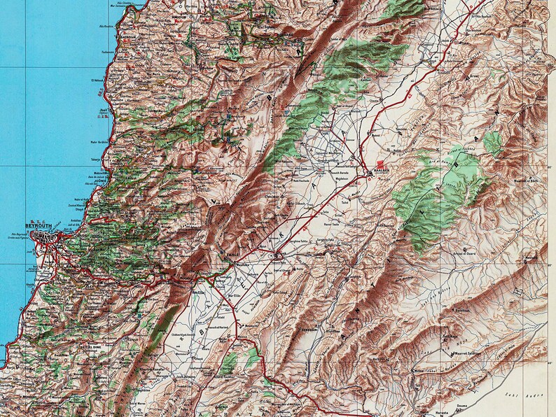 A vintage road and tourist map of Lebanon, showing geographical details and transportation routes.