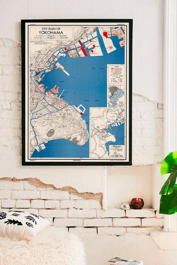 Vintage Map of Yokohama Japan, Kanagawa, Japan Maps Wall Decor