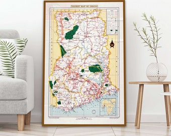 Vintage tourist map of Ghana, old Ghana print, Gold Coast Africa.
