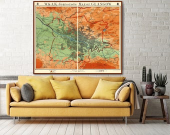 Vintage 1920 Johnston's Map of Glasgow, Old Scotland regali arredamento stampa d'arte.