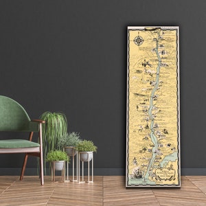 Hudson River-kaartkunst, vintage kaart met Hudson River Day Line-route en landingen, historische Hudson, Hudson River-muurkunst.