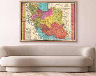 Vintage Farsi-language map of Persia or Iran divided into provinces, Persia wall decor.
